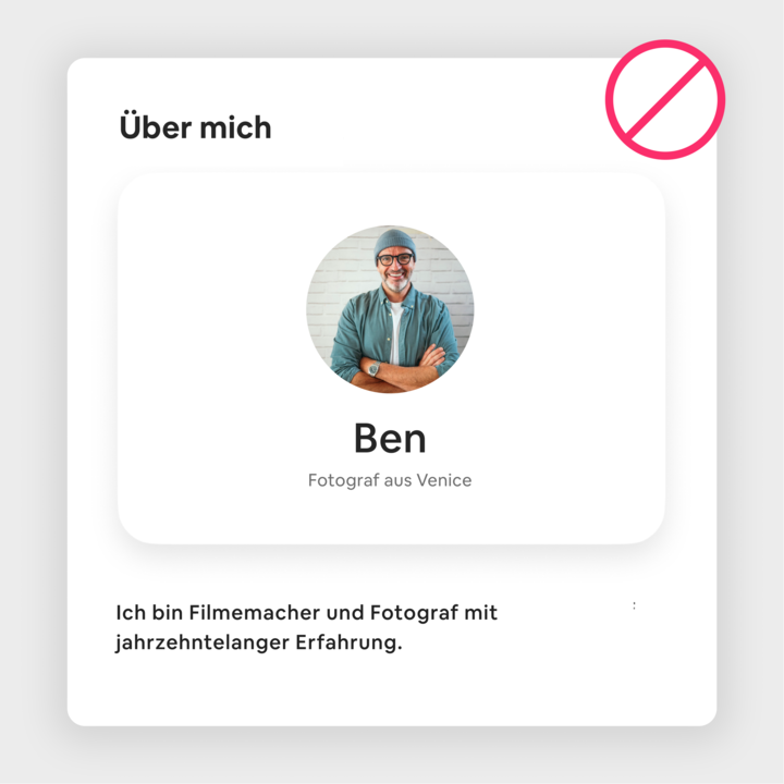 Profilkarte mit einem Text, in dem Ben als Fotograf aus Venice vorgestellt und auf seine jahrzehntelange Erfahrung in der Film- und Fotobranche eingegangen wird.