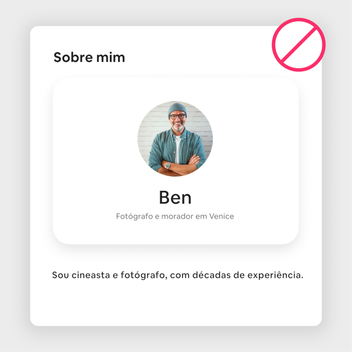 Uma ficha de perfil com texto que apresenta Ben como residente de Veneza e fotógrafo e menciona as suas décadas de experiência em cinema e fotografia.