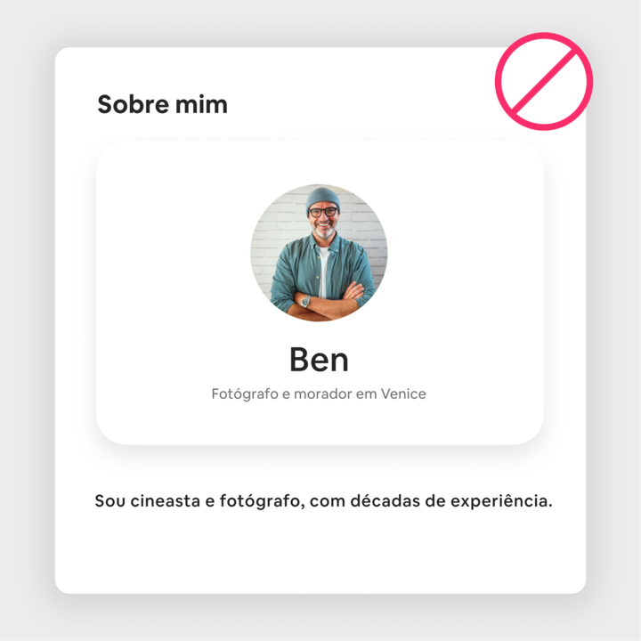 Uma ficha de perfil com texto que apresenta Ben como residente de Veneza e fotógrafo e menciona as suas décadas de experiência em cinema e fotografia.