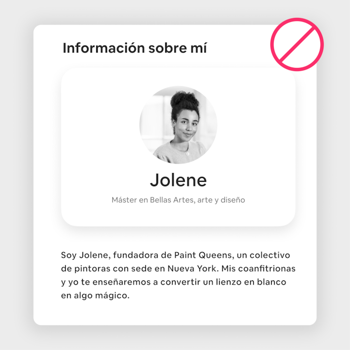 Una tarjeta de perfil que muestra el nombre de Jolene, su título de máster en bellas artes y diseño, y una breve descripción sobre la fundación de Paint Queens, un colectivo de pintoras con sede en Nueva York.