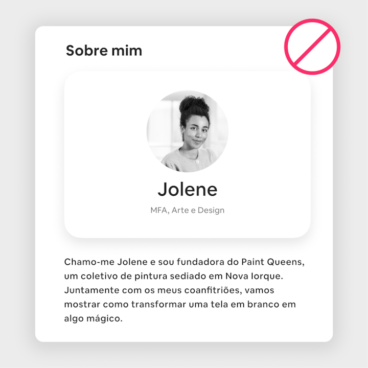 Ficha de perfil com o nome de Jolene, o seu título de MFA em Arte e Design e uma breve descrição sobre a fundação do Paint Queens, um coletivo de pintura sediado em Nova Iorque.
