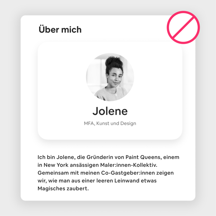 Profilkarte mit Jolenes Namen, ihrem Abschluss in Kunst und Design und einer kurzen Beschreibung, wie sie das New Yorker Malkollektiv „Paint Queens“ gegründet hat.