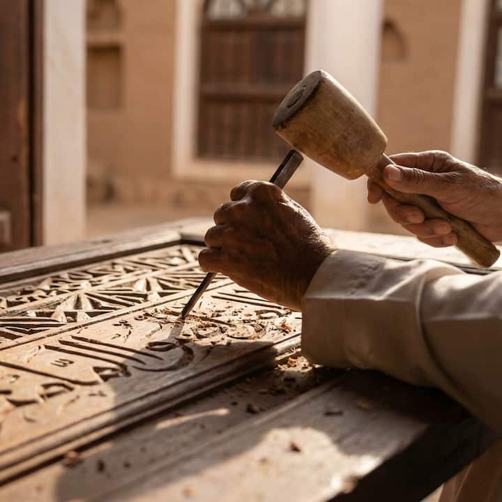 Close-up of artisan hands carving traditional Islamic patterns on wooden door panel using mallet and chisel