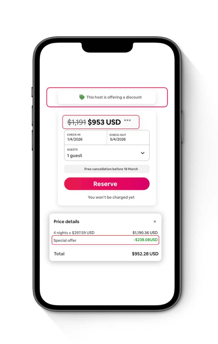 Exemplo de fluxo de reserva no Airbnb, destacando um preço original riscado, um novo total mais baixo e uma linha chamada "Oferta especial".