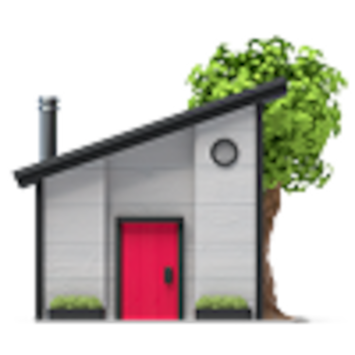 Ilustración de una casa pequeña y moderna con una puerta de color rojo vivo y un árbol, que representa un alojamiento en Airbnb en la ciudad sede de la FIFA.