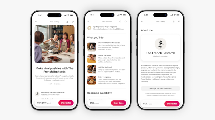 Three mobile screens show an Airbnb experience listing page for “Make viral pastries with The French Bastards,” including details, reviews, and booking buttons.