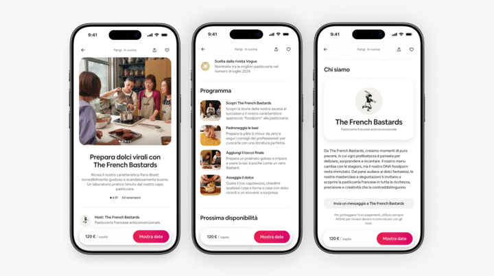 Tre schermi di dispositivi mobili mostrano la pagina dell'annuncio di un'Esperienza Airbnb intitolata "Prepara dolci virali con The French Bastards", con dettagli, recensioni e pulsanti di prenotazione.