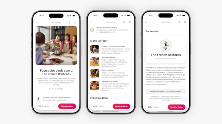 Três ecrãs de telemóvel mostram a página de um anúncio de experiência na Airbnb intitulado "Fazer bolos virais com The French Bastards", incluindo detalhes, avaliações e botões de reserva.