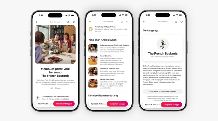 Tiga tampilan layar ponsel memperlihatkan halaman listing pengalaman Airbnb “Membuat pastri viral bersama The French Bastards,” lengkap dengan detail, ulasan, dan tombol pemesanan.