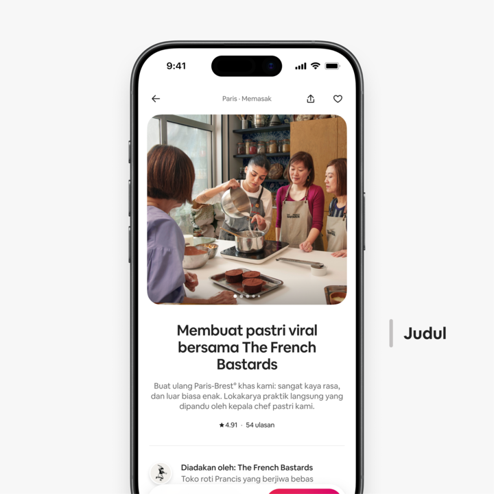 Contoh listing pengalaman yang menampilkan judul “Membuat pastri viral bersama The French Bastards” sebagai fokus utama di layar ponsel.