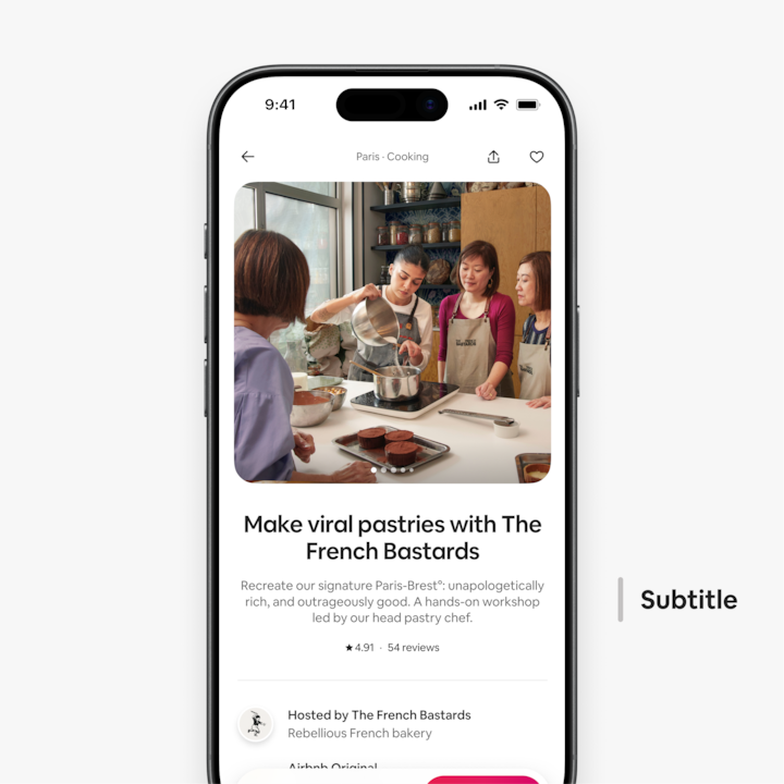 Example Airbnb experience listing on mobile, featuring a pastry class where guests learn to make desserts together