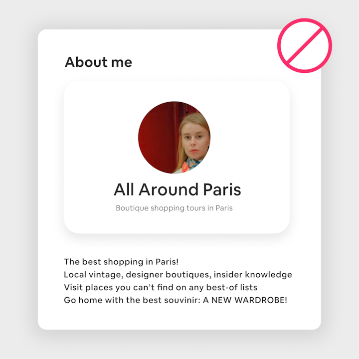 Incorrect example of an Airbnb experience listing page with personal photo and marketing-style ‘About me’ text under ‘What to avoid’
