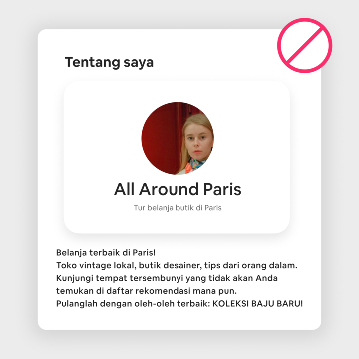 Contoh halaman listing pengalaman Airbnb yang tidak tepat, dengan foto pribadi dan teks ‘Tentang saya’ bergaya pemasaran di bagian ‘Hal yang harus dihindari’