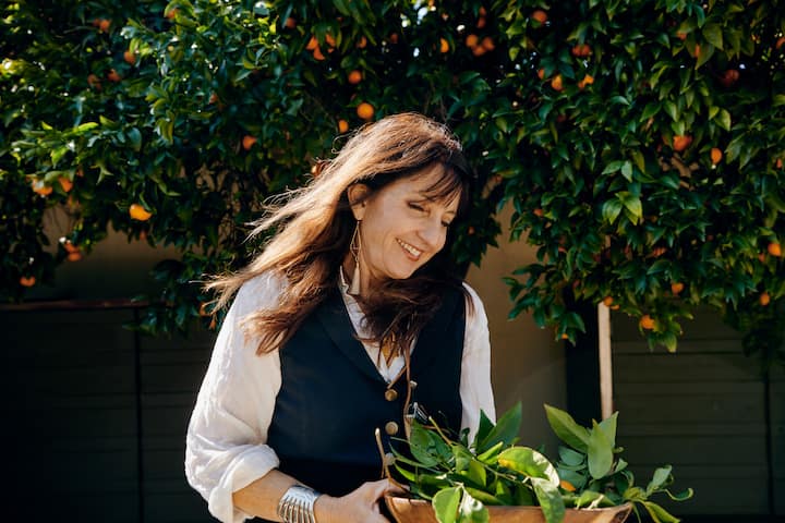 An adult tending a basket of green leaves beneath an orange tree in rural Spain.