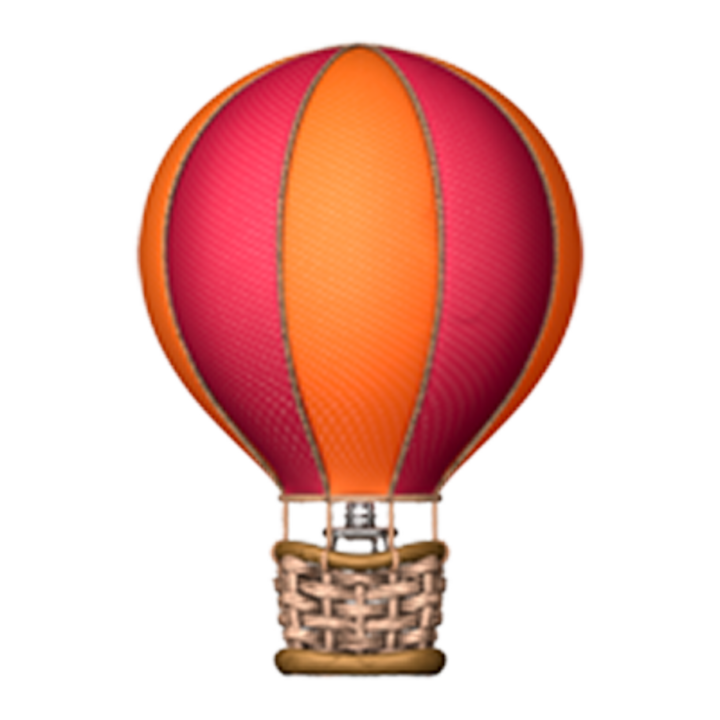 Colorful hot air balloon icon with orange and magenta panels above a woven basket on white background