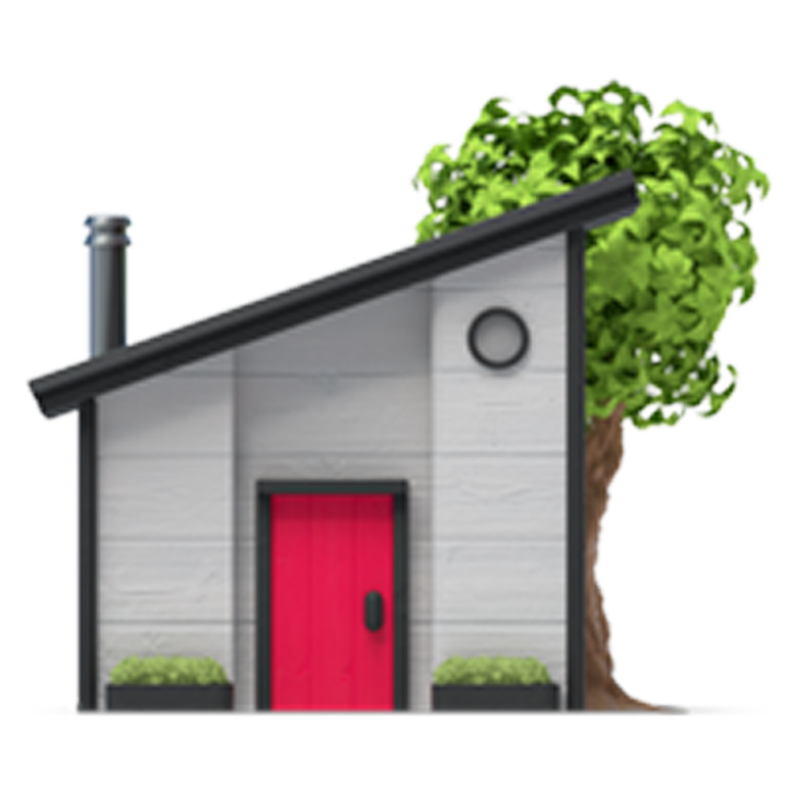 Modern house icon with a bright red door, symbolizing booking a place to stay near the Final stadium.