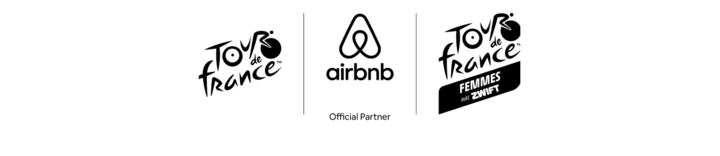 Les logos du Tour de France et du Tour de France Femmes avec Zwift figurent de part et d'autre du logo Airbnb, avec la mention « Partenaire officiel » en dessous.