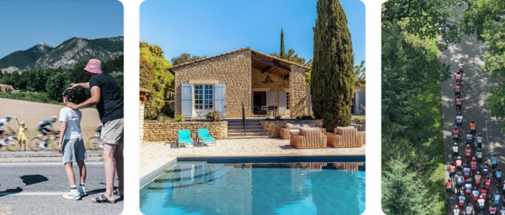 Montage en trois volets. À gauche : un groupe de supporters encourage le peloton lors du Tour de France. Au centre : une villa rustique en pierre baignée de soleil, avec une piscine À droite : vue aérienne d'une route forestière envahie par des dizaines de cyclistes