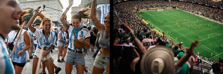 O fotografie cu suporteri ai Argentinei care sărbătoresc și una cu un stadion aglomerat, plin de suporteri care aclamă la un meci de fotbal.