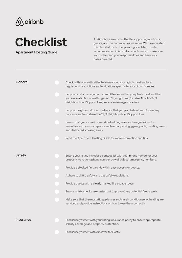 Checklist: Apartment Hosting Guide for Australian strata hosts, outlining general, safety and insurance responsibilities before listing.