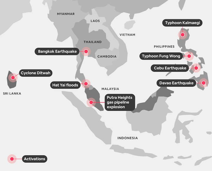 Map of Southeast Asia highlighting Airbnb.org disaster activations for quakes, floods, typhoons, a cyclone, and a gas explosion.