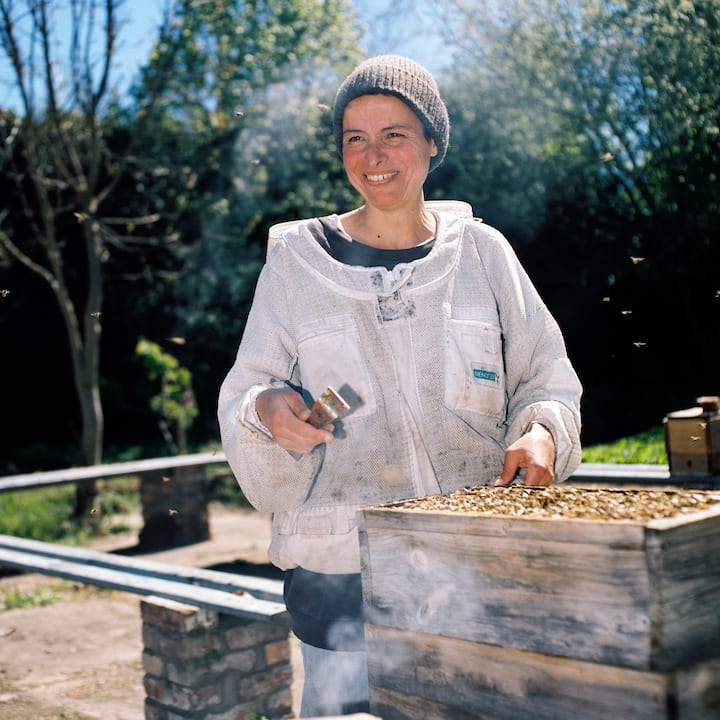 Beekeeper in protective gear tending a beehive outdoors on a sunny day