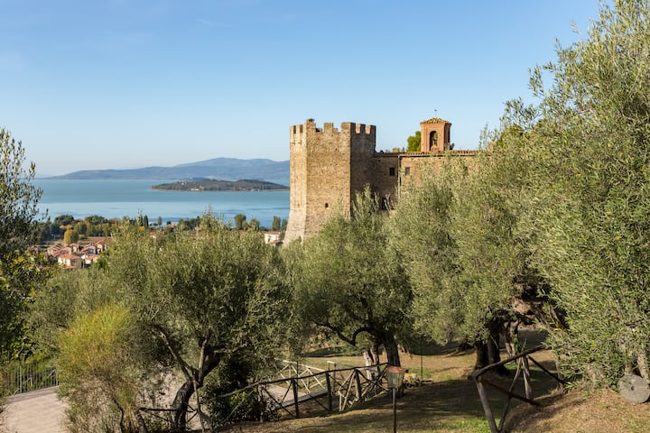 Hilltop stone castle overlooking a lakeside town and distant islands on a clear day.