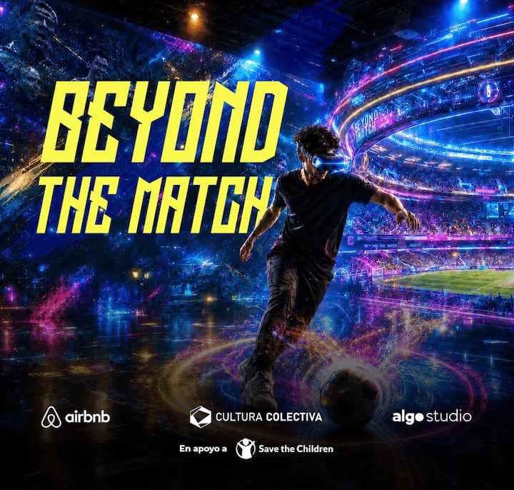 “Beyond the Match” text over a neon stadium as a player in a VR headset runs toward a glowing soccer ball