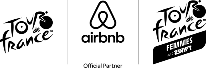 Logos for the Tour de France and Tour de France Femmes avec Zwift are shown either side of the Airbnb logo, with the text "Official Partner" below.
