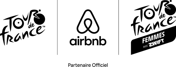 Les logos du Tour de France et du Tour de France Femmes avec Zwift figurent de part et d'autre du logo Airbnb, avec la mention « Partenaire officiel » en dessous.