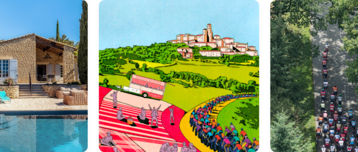 Three-panel montage. Left: A sunlit rustic stone villa with a poolCenter: A vibrant outdoor picnic scene on an enormous red-and-white checkered blanketRight: A high, aerial view of a forest road packed with dozens of cyclists