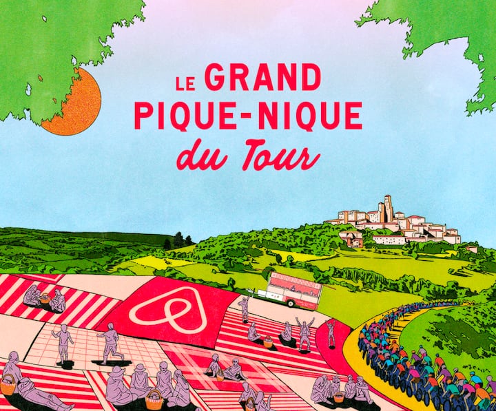 An illustration of a giant Airbnb blanket laid out over idealised French countryside, with a crowd watching the peloton race past. The headline reads ‘LE GRANDE PIQUE NIQUE du Tour’ in red against the sky.
