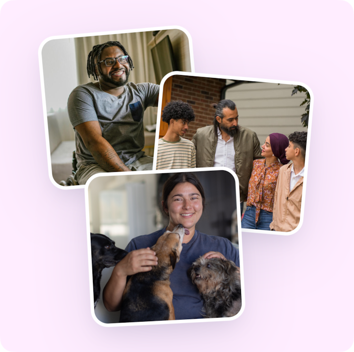 A collage of three photos showing a smiling man seated indoors, a family of four standing together outside a home, and a young woman holding two dogs.