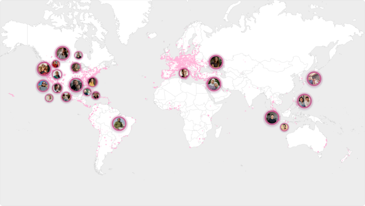 A world map with circular portrait photos of people pinned across multiple continents, connected by pink dotted clusters showing the global reach of Airbnb.A world map with circular portrait photos of people pinned across multiple continents, connected by pink dotted clusters showing the global reach of Airbnb.org guests and hosts.