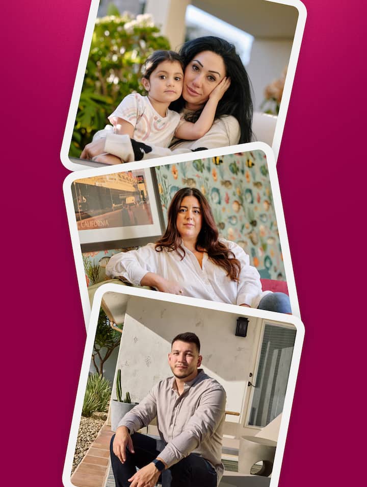 A collage of three host portrait photos stacked at angles against a deep pink background, showing a mother with a young child, a woman seated indoors, and a man seated outside.