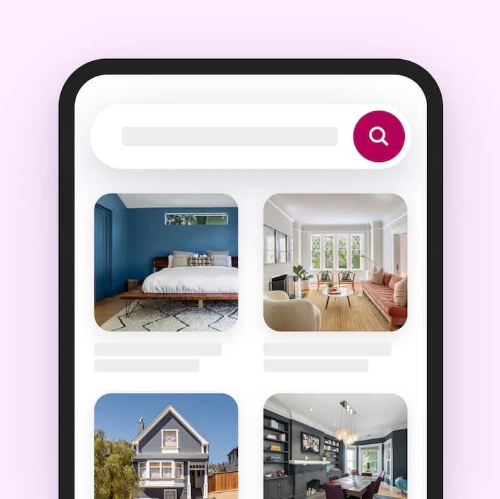 A mobile app screen showing a search bar and a grid of home listing photos.