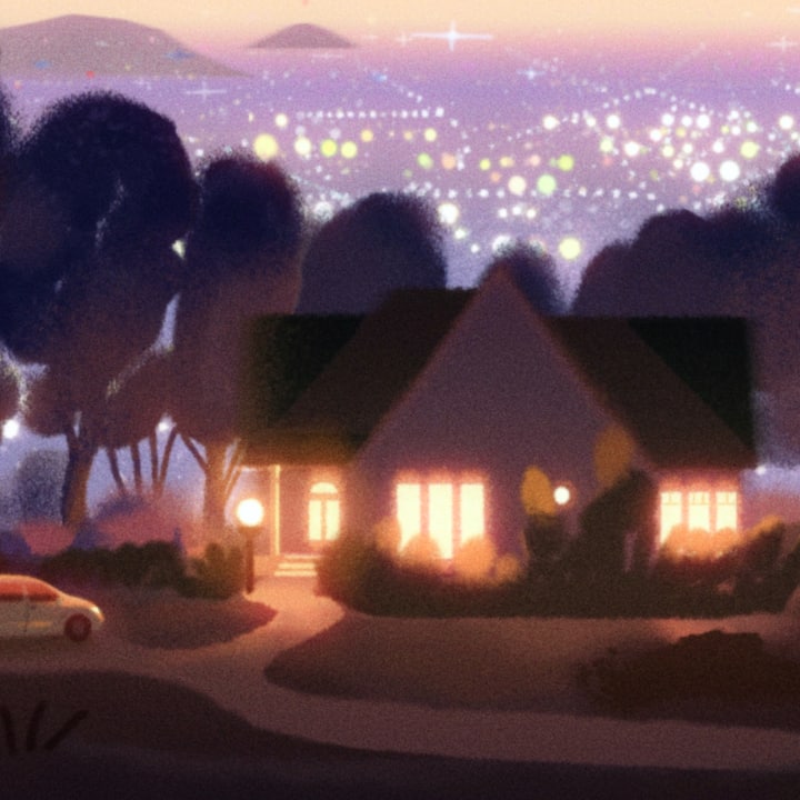 An illustration of a cozy home glowing with warm light at dusk, surrounded by trees with a glittering city skyline in the distance.