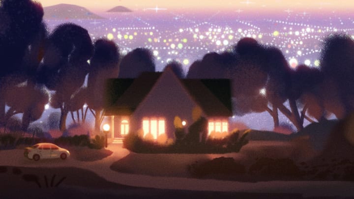 An illustration of a cozy home glowing with warm light at dusk, surrounded by trees with a glittering city skyline in the distance.