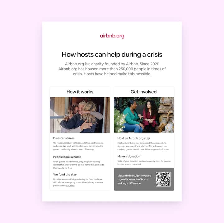 A preview of an Airbnb.org one-pager titled "How hosts can help during a crisis," showing sections on how it works, getting involved, and a QR code.