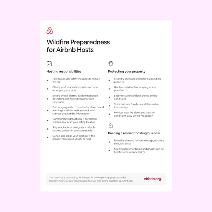 A preview of a wildfire preparedness guide for Airbnb hosts, showing sections on hosting responsibilities, protecting your property, and building a resilient hosting business.
