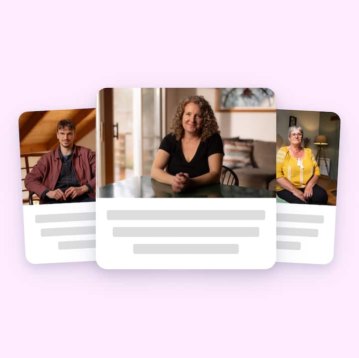 Three host portrait photos displayed as layered cards above a content placeholder, shown on a soft pink background.