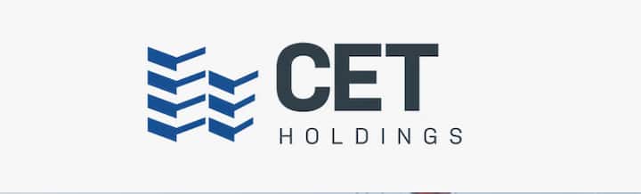 abstract blue buildings icon with letters CET in black and the word holdings underneath