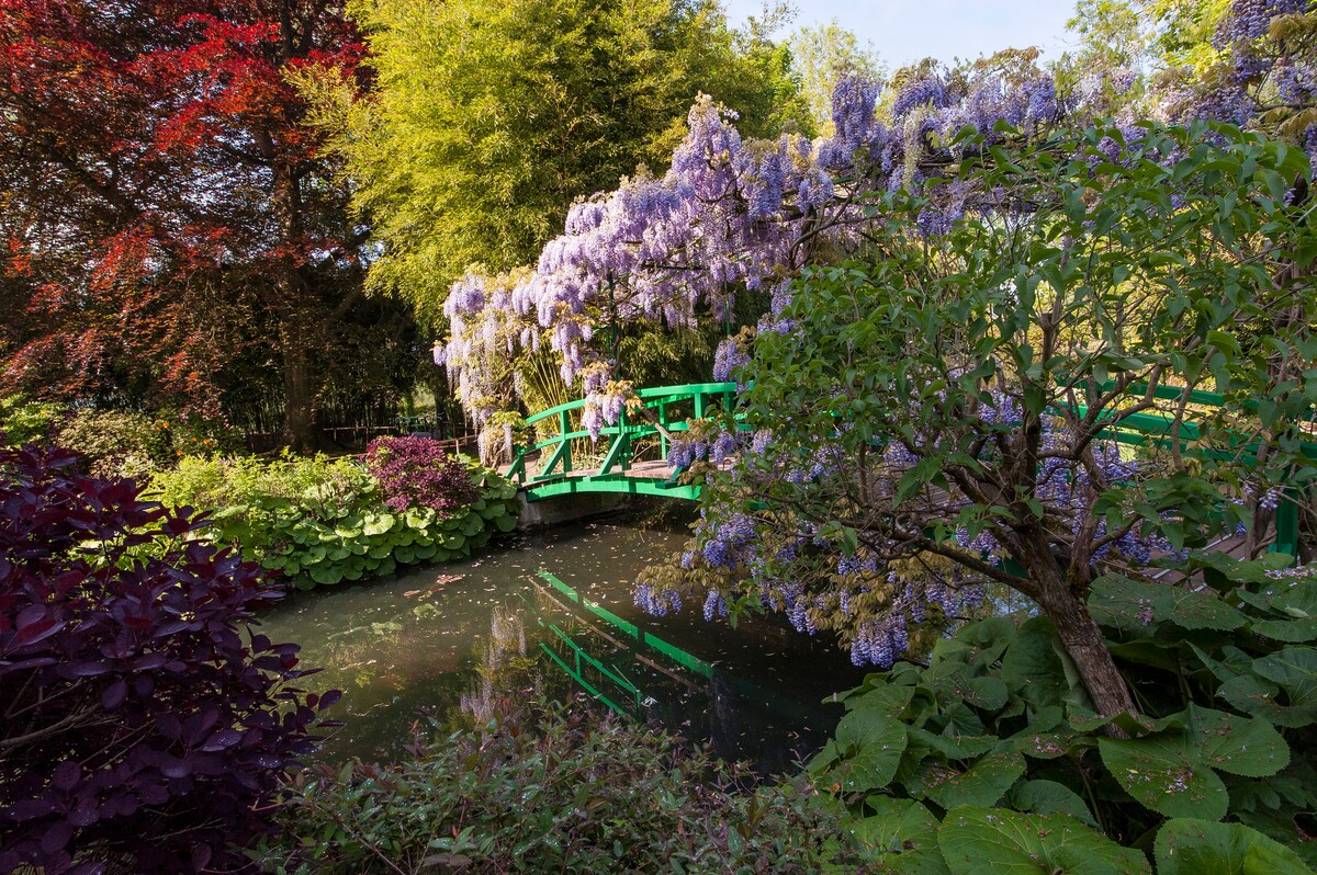 Giverny day trip: Monet’s green bridge over a pond framed by purple wisteria and lush garden plants.