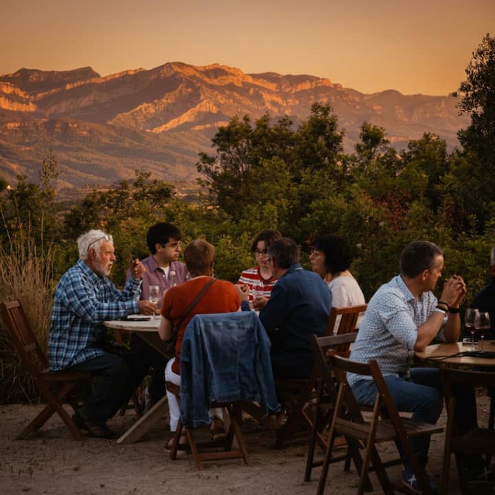 Un grupo de viajeros charlan en una bodega familiar de Terra Alta al atardecer mientras toman una copa de vino, con las montañas resplandecientes al fondo.