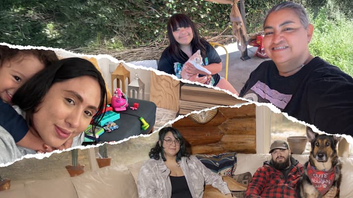 Collage di ospiti e host di Airbnb.org in alloggi, che ritrae persone reali aiutate con soggiorni di emergenza gratuiti nel report d'impatto del 2026.