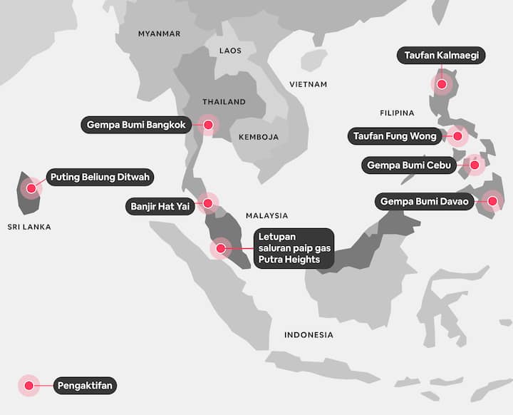 Peta Asia Tenggara menunjukkan lokasi bencana yang disokong oleh Airbnb.org SEA.