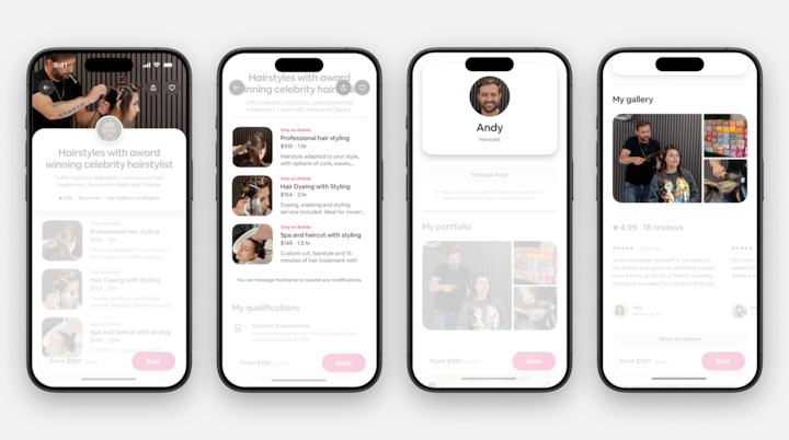 Four smartphone screens displaying an Airbnb service listing for a hairstylist, featuring options like professional hair styling, haircut with styling, and a gallery showcasing the stylist's work.
