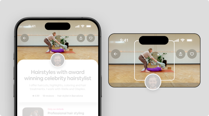 An Airbnb app interface showcasing a service listing for hairstyling on a phone screen, alongside an image of a woman helping another person with a yoga pose on a purple mat in a spacious, wooden-floored room with greenery in the background.