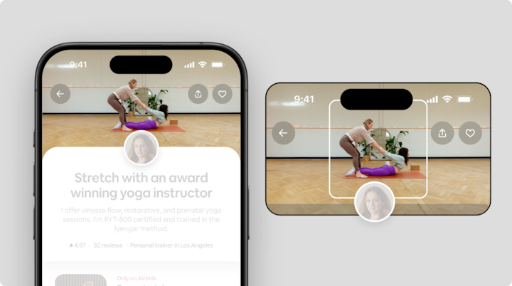 An Airbnb app interface showcasing a service listing for hairstyling on a phone screen, alongside an image of a woman helping another person with a yoga pose on a purple mat in a spacious, wooden-floored room with greenery in the background.