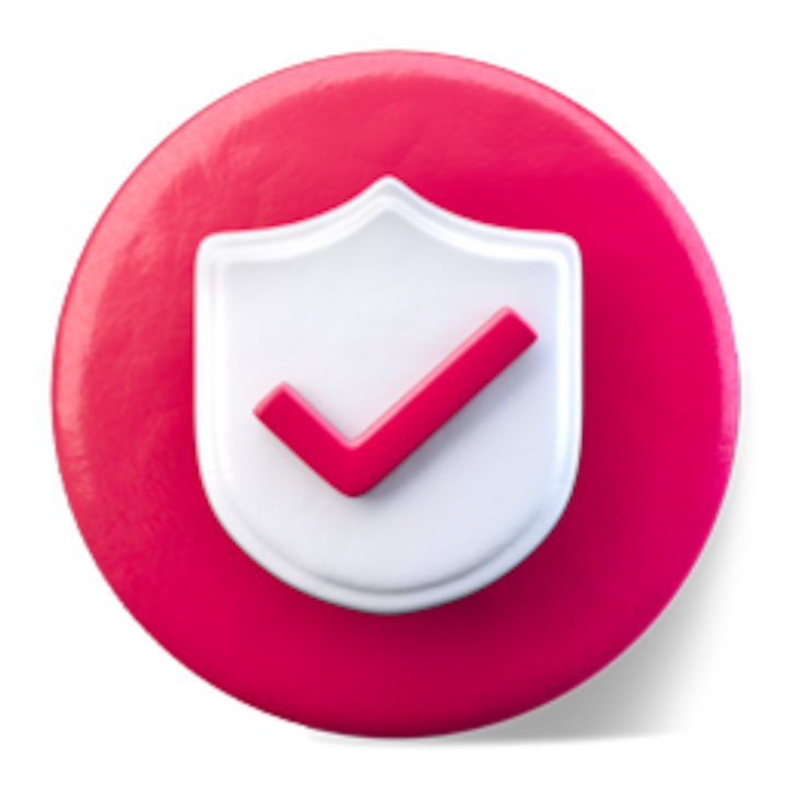 A 3D icon of a magenta shield with a white checkmark